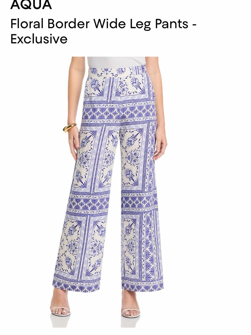 Aqua Blue Floral Border Wide-Leg Pants
